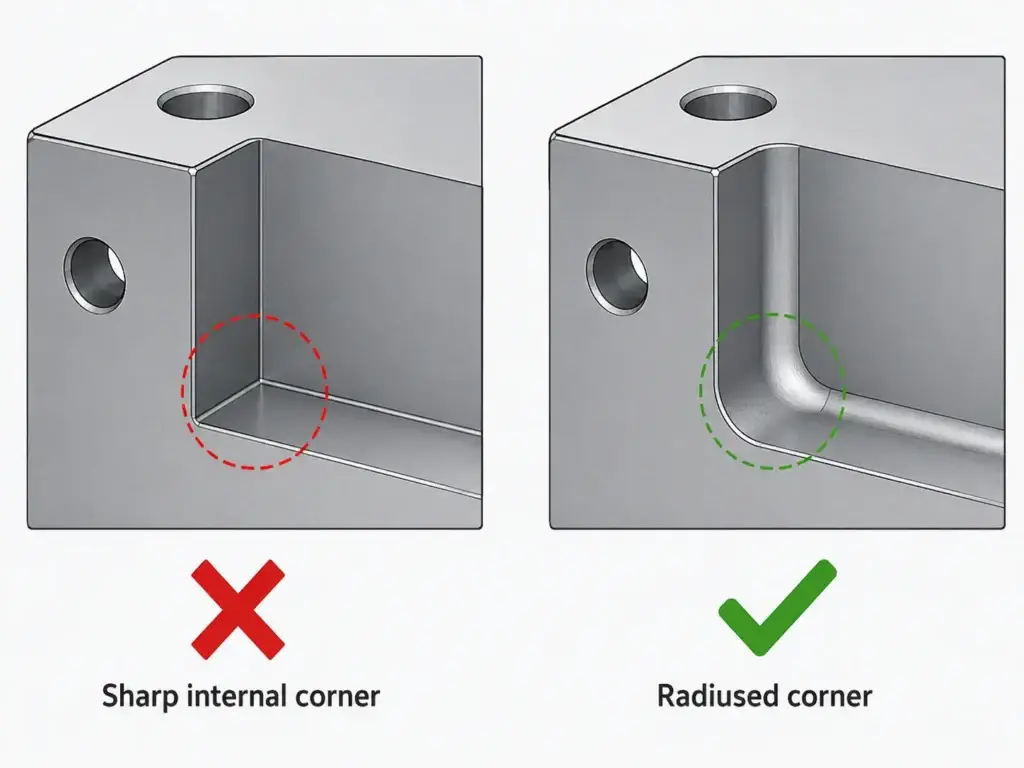 Comparison of sharp and radiused internal corners for CNC machining