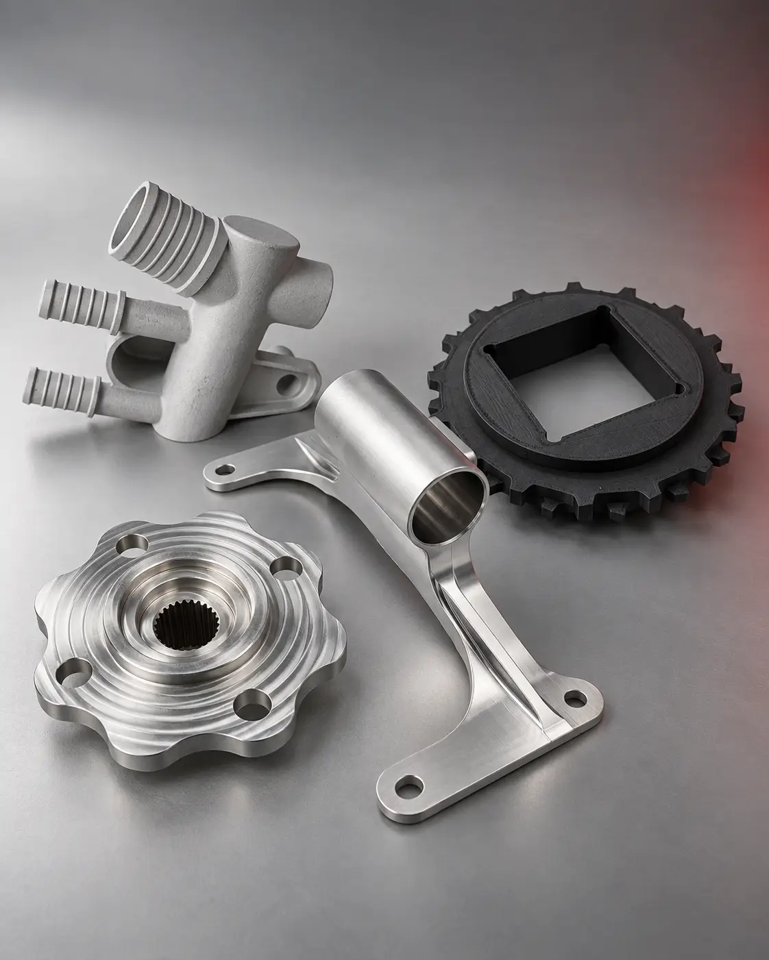 Custom CNC-machined, metal 3D-printed, and plastic 3D-printed components arranged on a gray surface